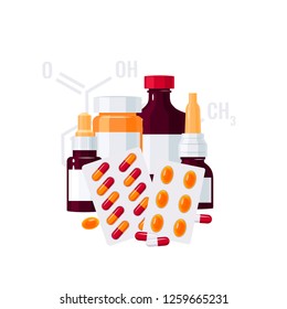 Medicine vector concept. Bottles with drugs and pills in blisters in flat style on white background