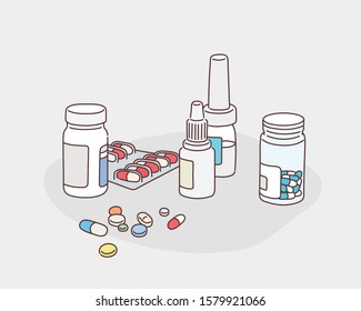 Medicine vector concept. Bottles with drugs and pills in blisters in flat style on white background. Hand drawn style vector design illustrations.