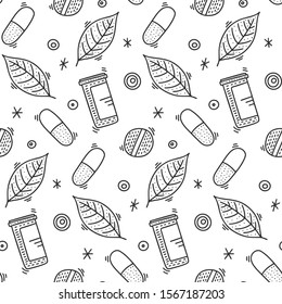 Medicine vector concept in doodle style. Hand drawn illustration for printing on T-shirts, postcards. Seamless pattern for textile, paper wrap. Texture background.