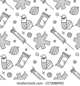 Medicine vector concept in doodle style. Hand drawn illustration for printing on T-shirts, postcards. Seamless pattern for textile, paper wrap. Texture background.