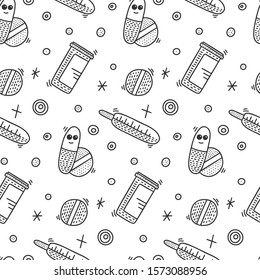 Medicine vector concept in doodle style. Hand drawn illustration for printing on T-shirts, postcards. Seamless pattern for textile, paper wrap. Texture background.