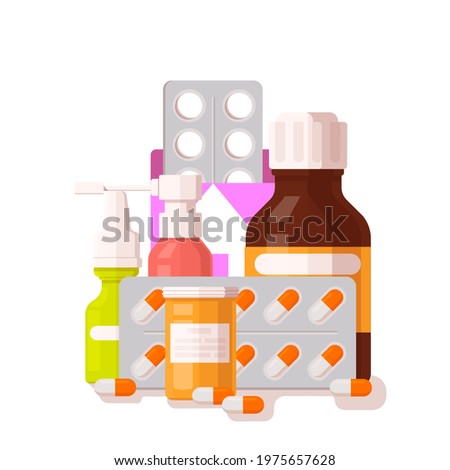 Medicine vector concept. Includes medical bottles and sprays with drugs and pills in blisters. Isolated on white background  