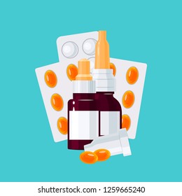 Medicine vector concept. Medication bottles and pills in blisters in flat style on turquoise background