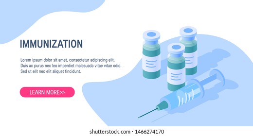 Medicine vector concept. Medication vials and syringe in isometric view on white background. Horizontal vector template for web banners, ads etc.