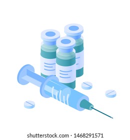 Medicine vector concept. Medication vials and syringe in isometric view on white background