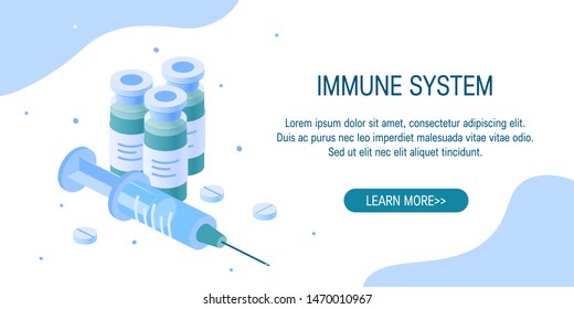 Medicine vector concept. Medication vials and syringe in isometric view on white background. Horizontal vector template for web banners, ads etc.