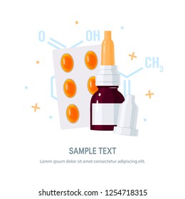 Medicine vector concept. Nasal drops and pills in blister in flat style on white background. Medical design for flyers, posters, web banners etc.