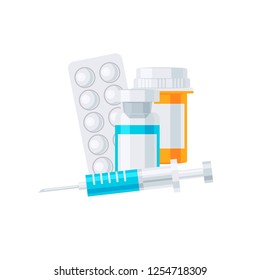 Medicine vector concept. Yellow medication bottle, syringe and pills in blisters in flat style on white background