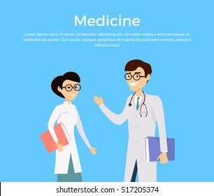 Concepto de diseño plano del Vector de la medicina. Los médicos, hombres y mujeres con abrigos con documentos, se comunican y discuten la atención médica. Web Anuncio con especialistas médicos que hablan. Dos expertos médicos en conferencia.