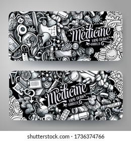 Medicine vector hand drawn doodle banners design. Monochrome cartoon background. Medical 2 flyers templates set.