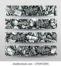 Diseño de carteles de doodles dibujados a mano por vectores de medicamentos. Fondo de caricatura monocromo. Equipo médico de 4 volantes de plantillas.