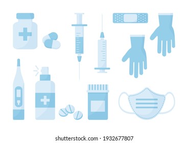 Medicine vector icon. Disinfectant, medical mask, antibacterial spray, syringe, pills, gloves, thermometer, adhesive plaster. Treatment illustration