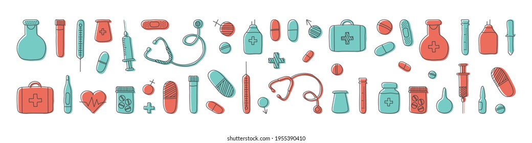 Medicine vector icon hand drawn, simple medical set. First aid kit, syringe, stethoscope, vial, pills, vaccine isolated on white background. Healthcare illustration