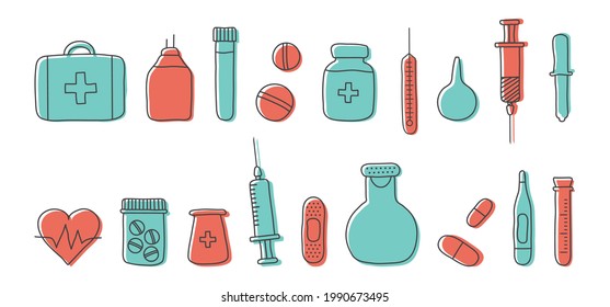 Icono de vector de medicina dibujado a mano, conjunto médico simple. Kit de primeros auxilios, jeringa, estetoscopio, vial, píldoras, vacuna aislada sobre fondo blanco. Ilustración de la asistencia sanitaria