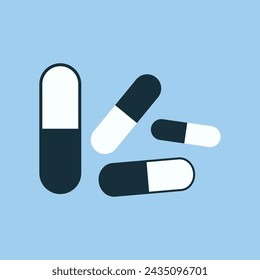 Medicine vector icon pills or tablets, capsules. Vector icon of medical pills. Symbol of a tablet and capsule. Мedications. isolated on sky blue background. Vector illustration. Eps file 158.