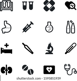 medicine vector icon set such as: heal, education, tweezers, stethoscope, prescription, magnifying, forceps, room, pills, bandage, travel, stomach, immunization, pharmacology, physician, ampoules