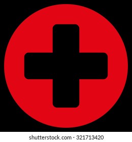 Medicine vector icon. Style is flat symbol, red color, rounded angles, black background.