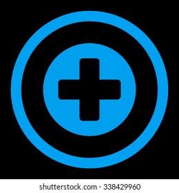 Medicine vector icon. Style is flat rounded symbol, blue color, rounded angles, black background.