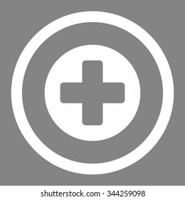 Medicine vector icon. Style is flat rounded symbol, white color, rounded angles, gray background.