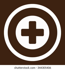 Medicine vector icon. Style is flat rounded symbol, white color, rounded angles, brown background.