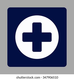 Medicine vector icon. Style is flat rounded square button, white and dark blue colors, silver background.