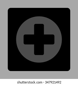Medicine vector icon. Style is flat rounded square button, gray and black colors, silver background.