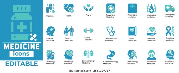 Medicine Vector Icons Healthcare, Diagnosis, Treatment, Specialties Editable, Professional, Modern Set