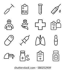 Medicine vector icons. Set of 16 Medicine outline icons such as medical ampoule, medical clipboard, pill, ribbon on hand, MRI, lungs, injection, doctor prescription, clipboard