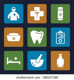 Medicine vector icons. Set of 9 Medicine filled icons such as nurse hat, medical clipboard, bottle, bucket, battery, medical bed, pharmacy, doctor with medical reflector
