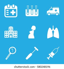 Medicine vector icons. Set of 9 Medicine filled icons such as test tube, search sperm, pregnant woman, ambulance, lungs, injection, medical appointment, hospital building