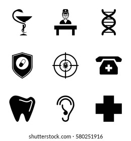 Medicine vector icons. Set of 9 Medicine filled icons such as medical phone, dna, medical cross, health insurance, doctor, medicine, ear