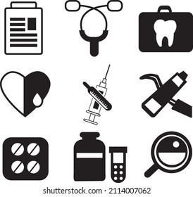 Medicine vector icons set. Doctors tools for health care. Medic first help, hospital tools icons. Vector helthcare icons set. Heart, doctor, tooth icon, medicine, pills, health and medical. Health med