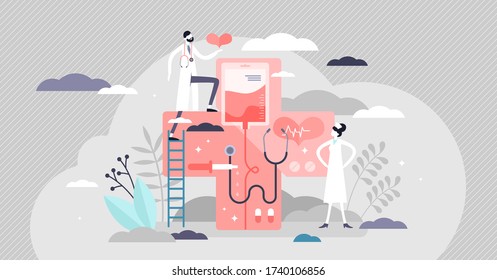 Medicine Vector Illustration. Health Aid System Flat Tiny Person Concept. Overall Professional Healthcare Industry With Symbolic Elements. Associatively Doctor, Nurse, Stethoscope, Red Cross And Drugs