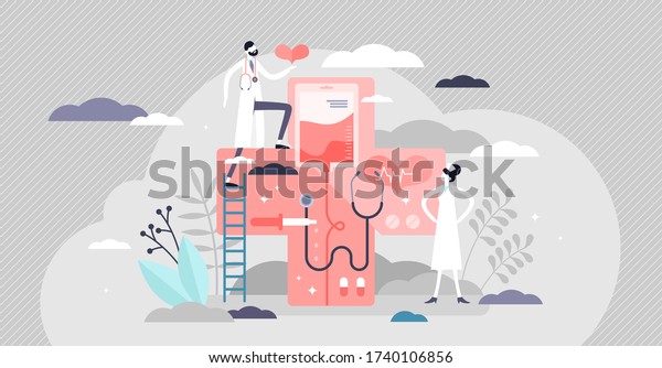 Medicine vector illustration. Health aid system flat tiny person concept. Overall professional healthcare industry with symbolic elements. Associatively doctor, nurse, stethoscope, red cross and drugs