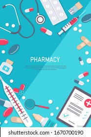 Medicine vector illustration. Pharmacy background, pharmacy design, pharmacy templates. Medicine, pharmacy, hospital set of drugs with labels. Medication, pharmaceutics concept. Different medical