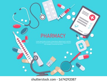 Medicine vector illustration. Pharmacy background, pharmacy desing, pharmacy templates. Medicine, pharmacy, hospital set of drugs with labels. Medication, pharmaceutics concept. Different medical