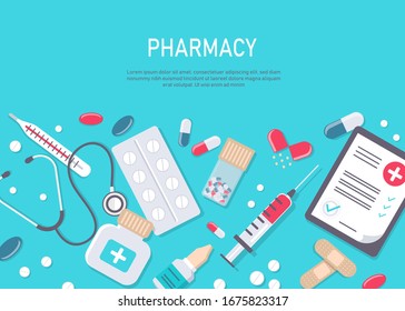 Medicine vector illustration. Pharmacy background, pharmacy desing, pharmacy templates. Medicine, pharmacy, hospital set of drugs with labels. Medication, pharmaceutics concept. Different medical