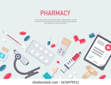 Medicine vector illustration. Pharmacy background, pharmacy desing, pharmacy templates. Medicine, pharmacy, hospital set of drugs with labels. Medication, pharmaceutics concept. Different medical