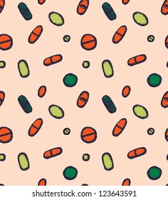 Medicine vector seamless pattern. Colorful tablets with capsules. Vector Illustration