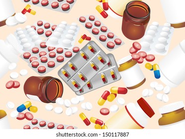 Medicine vector seamless pattern. Colorful tablets with capsules and pill bottle on beige background. Vector Illustration