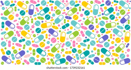 Patrón sin fisuras del vector de la medicina.  Comprimidos coloridos con cápsulas.  Imagen para la industria farmacéutica. Patrón vintage del medicamento. Pastillas naturales de vitamina. Medicina alternativa. Banner horizontal. Vector 