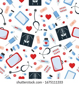 Medicine Vector Seamless Pattern. Healthcare Illustration For Children. Doctor Tools.