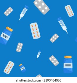Medicine vector seamless pattern. Healthcare illustration for children. Doctor tools. Medicine time concept. Medicine bottle, capsules, pills in flat design. Medication time.
