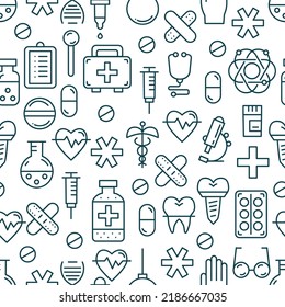 Medicine vector seamless pattern with medical elements for business and advertising. Health care sign collection. Medicine equipment silhouette illustration. Ambulance symbols