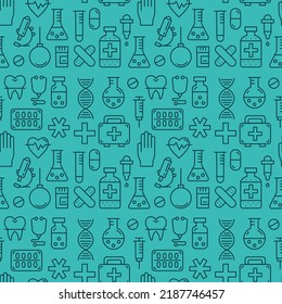 Medicine vector seamless pattern with medical elements for business and advertising. Health care sign collection. Medicine equipment silhouette illustration. Ambulance symbols