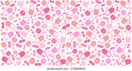 Medicine vector seamless pattern.  Pink tablets with capsules.  Image for pharmaceutical industry. Medicine vintage pattern. Natural vitamin pills. Alternative medicine. Vector Illustration