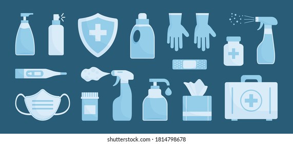 Medicine Vector Set. Disinfectant, Hand Sanitizer Bottles, Medical Mask, Antibacterial Spray, Gel, Wipes, Soap, Gloves, First Aid Kit, Pills, Bandage, Thermometer, Medical Insurance.