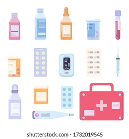 Medicine vector set in flat style. Medical and healthcare icons collection. Pharmacy, pills and treatment concept. Illustration isolated on white background.