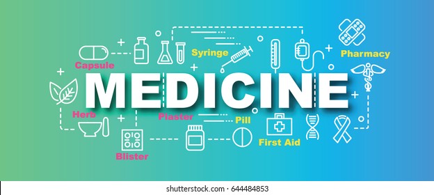 concepto de diseño de banners de moda vectorial de medicina, estilo moderno con iconos de medicina de arte delgado en colores modernos fondo