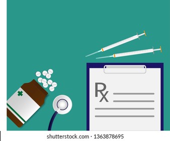 medicine vial and rx from prescription and injection needle on the green background